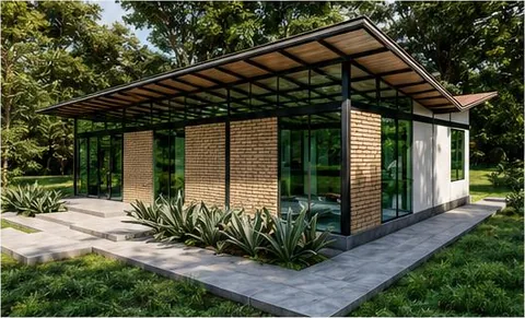 Modelo Casa Integra: fachada en vidrio y ladrillo bajo la cubierta metálica, con el jardín alrededor