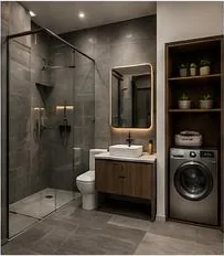 Modelo House Black: baño con ducha en vidrio, lavamanos y lavadora empotrada