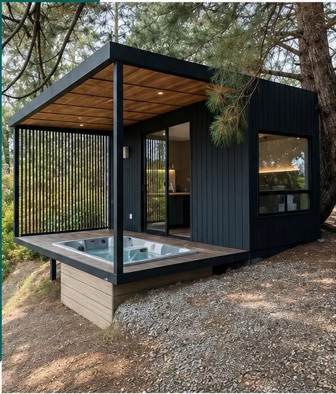 Modelo House Black: cabaña negra con cielo raso en madera, jacuzzi en la terraza y pinos alrededor