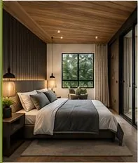 Modelo House Black: habitación con cielo raso en madera y ventana al bosque