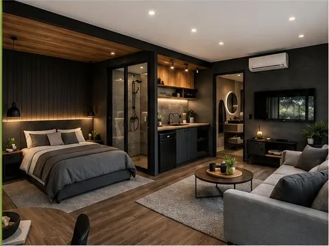 Modelo House Black: habitación, sala y cocina integradas, con acabados oscuros e iluminación cálida