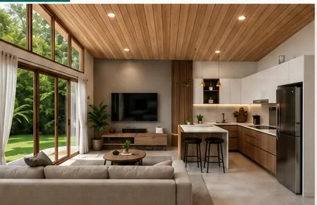 Modelo Oasis Blanco: sala y cocina integradas bajo el cielo raso en madera, con ventanal al jardín