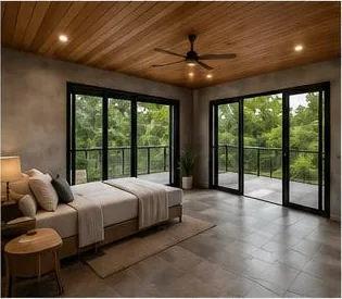 Modelo Otoño Gris: habitación con cielo raso en madera y ventanales hacia el balcón
