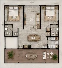 Planta del modelo Vista al Horizonte: dos habitaciones, baños, cocina, sala, comedor y terraza