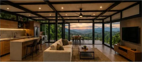Modelo Vista al Horizonte: cocina integral, sala de TV y comedor abiertos hacia la vista de las montañas