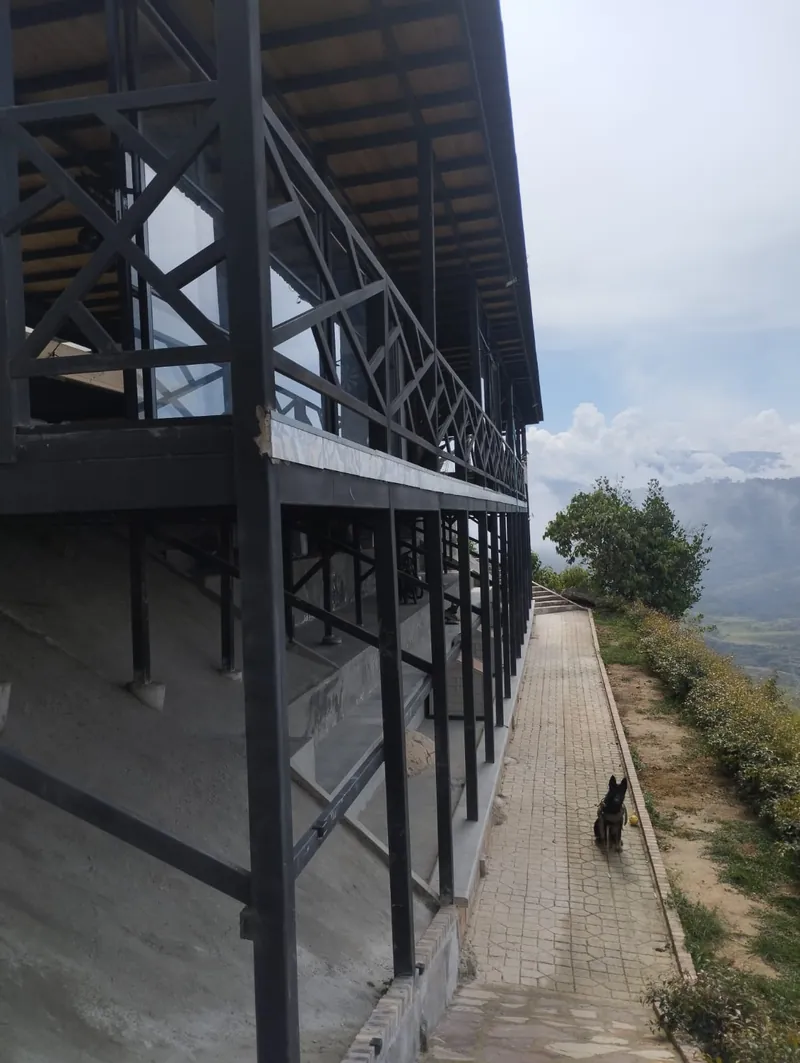 Edificación sobre columnas metálicas en ladera con barandas en X y un sendero en adoquín