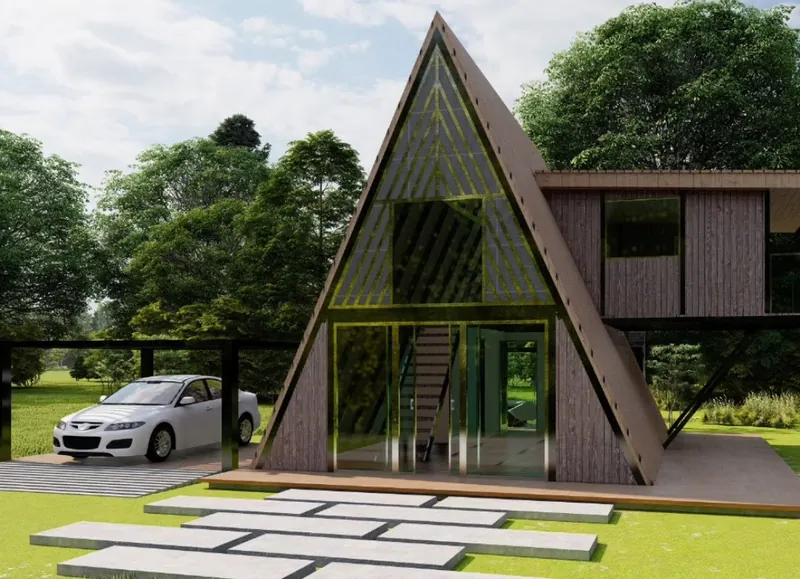 Modelo 3D de una cabaña en A con volumen lateral, diseñado por INTEGRA para Ibagué